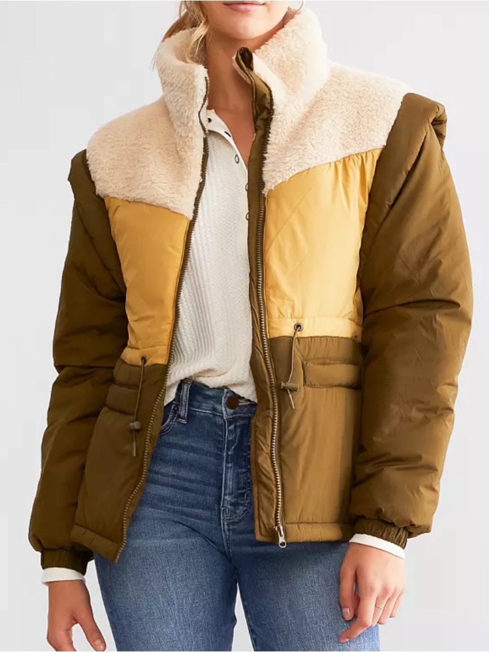 Steve Madden Hana Coat - Olive & Cream Sherpa-Trim Puffer Jacket M- NWT